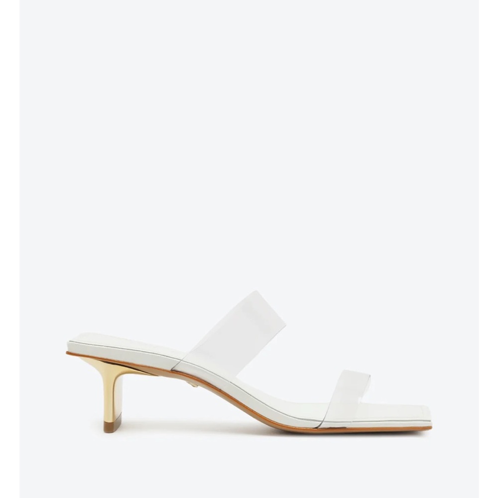 SCHUTZ White Double-Strap Kitten Heel Slide Mules